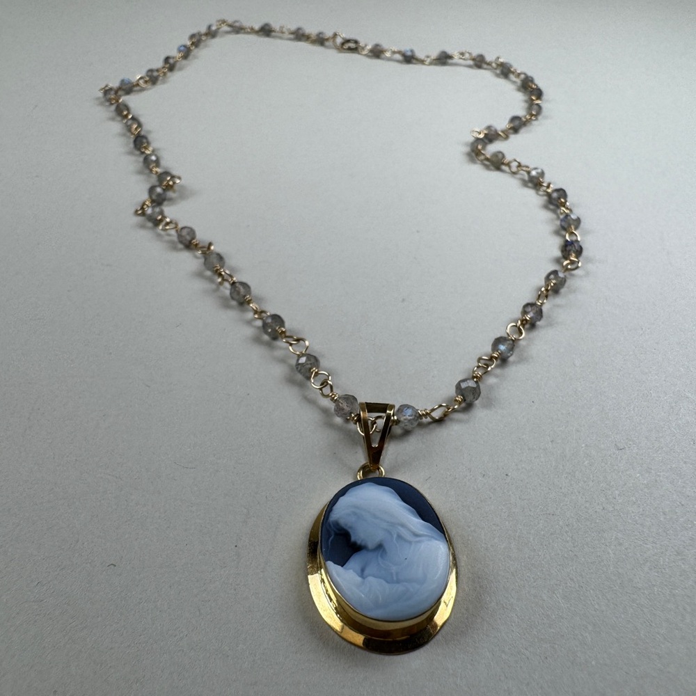 Gold Cameo Necklace with Beaded Chain